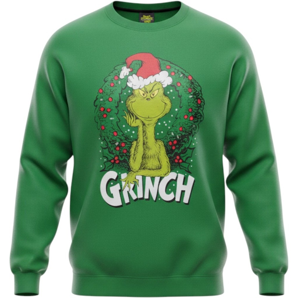 Dr Seuss The Grinch Christmas Wreath Green Crewneck Sweatshirt Mens 2XL Pullover
